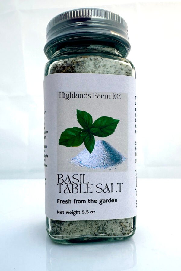 product image of Basil Table Salt glass jar with a label and a silver bottle top