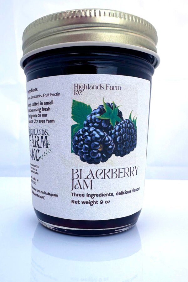 product image of our Highlands Farm oblackberry preserves with just three ingredients: fruit, sugar, and a pinch of pectin