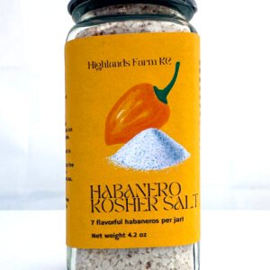 product image of a square glass jar of Habanero Table Salt with a yellow label and a silver bottle top