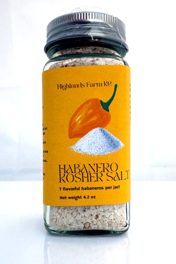 product image of a square glass jar of Habanero Table Salt with a yellow label and a silver bottle top