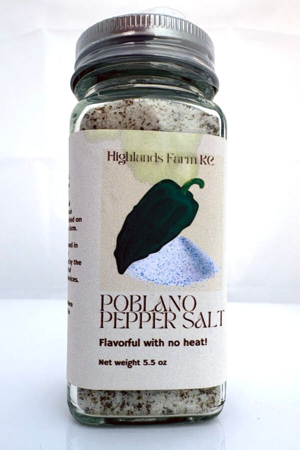 Poblano Table Salt product image in a square glass jar with a label and silver cap